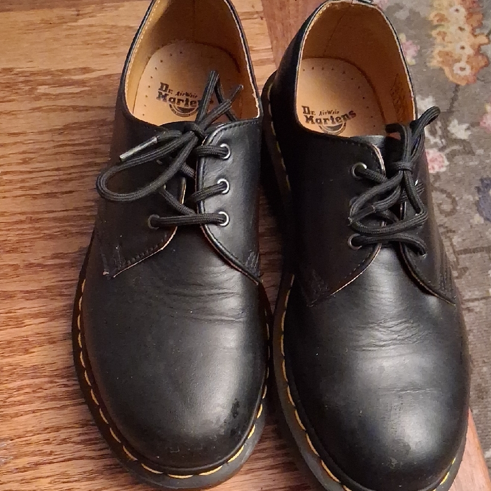 Dr. Martens Black Leather Oxford Flats with Yellow Stitching